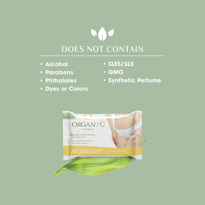 Organyc - 100% Organic Cotton Intimate Wet Wipes, No Parabens, Alcohol, or Chlorine -, White, 20 Count (Pack of 1) (ORGWW1A)