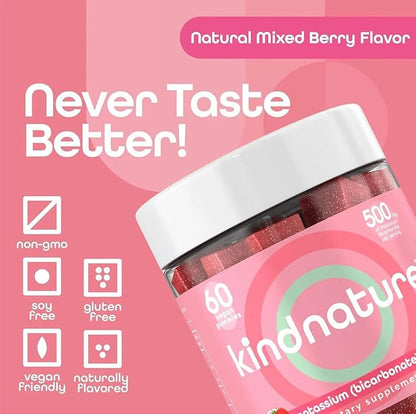 KINDNATURE High Potassium Gummies 500mg for Leg Cramps & Electrolyte Support - Chewable Pure Potassium Bicarbonate Supplement - Adults & Kids - Vegan, Non GMO - 60 Gummies (30 Day Supply)