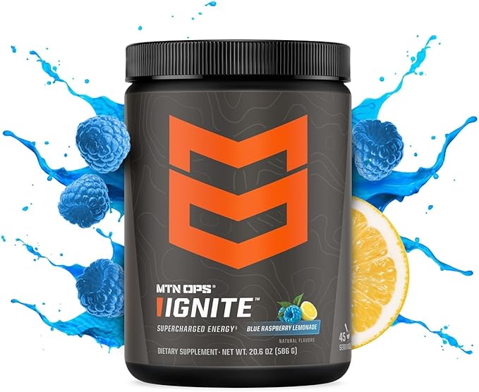 MTN OPS Ignite Sugar Free Energy Drink Powder with 200mg Caffeine, Nootropic Blend for Energy, Focus & Endurance, L Arginine & L Citrulline Pre Workout, 45 Servings, Blue Raspberry
