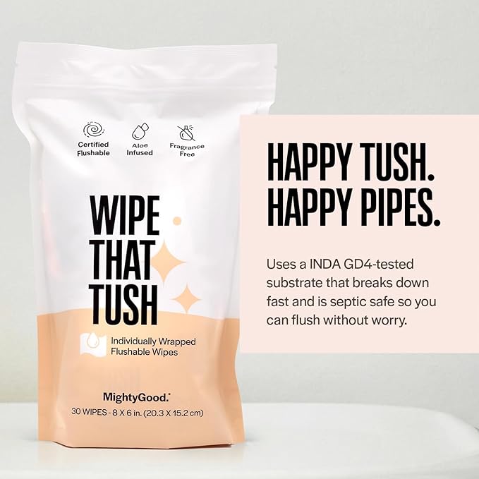 Wipe That Tush On-The-Go Flushable Wipes - 4 Packs of 30 Individually Wrapped Wipes, 120 Total - Fragrance Free - Extra Large & Soft - Hypoallergenic With Aloe & Vitamin E - Septic-Safe