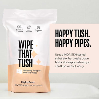 Wipe That Tush On-The-Go Flushable Wipes - 4 Packs of 30 Individually Wrapped Wipes, 120 Total - Fragrance Free - Extra Large & Soft - Hypoallergenic With Aloe & Vitamin E - Septic-Safe