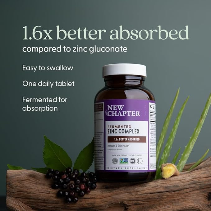 New Chapter Zinc Supplement, Fermented Zinc Complex, ONE Daily for Immune Support + Skin Health, Mineral-Balancing Formula Rich in Copper, Easy to Swallow & Digest, 30 Count (1 Month Supply)