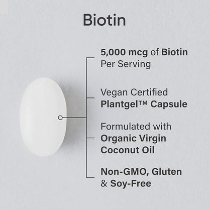 Sports Research® Biotin 5,000mcg with Organic Coconut Oil - Biotin (Vitamin B7) for Healthy Skin and Hair Support* - for Women and Men - Vegan, Non-GMO, Gluten & Soy-Free - 120 Veggie Softgels