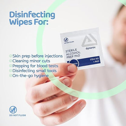 Dynarex DynaSafety Sterile Alcohol Prep Pads - Medium - 70% Isopropyl Alcohol, Individually Wrapped, Soft Cleaning Wipes - Case of 100 Boxes, 24 per Box