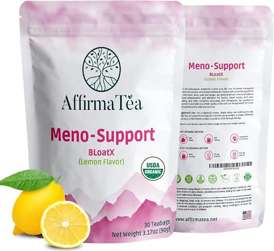 Meno-Support BloatX Organic Menopause Relief: Balances & Supports Hot Flashes, Hormones, Moods Swings, Night Sweats, & Bloating with Black Cohosh, Red Clover & Dong Quai. Natural Fresh Lemon Flavor.
