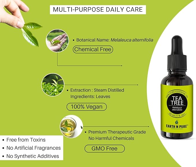 Earth N Pure Tea Tree Essential Oil Steam Distilled, Natural and Therapeutic Grade for Scalp & Skin Care with Glass Dropper | 15 ML
