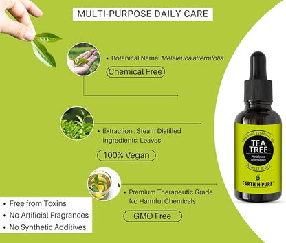 Earth N Pure Tea Tree Essential Oil Steam Distilled, Natural and Therapeutic Grade for Scalp & Skin Care with Glass Dropper | 100 ML