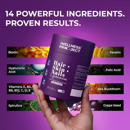 The Wellness Project 14-in-1 Hair, Skin & Nails Gummies with 10,000 mcg Biotin, Keratin, Hyaluronic & Folic Acid, Vitamins A, C, B5, B6 & B12 & Sea Buckthorn | Tasty Mixed Berry Flavor (Pack of 2)