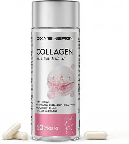 OxyEnergy Collagen Peptides Capsules for Women, Hydrolyzed Collagen Supplements with Elastin Peptides, 60 Collagen Pills to Promotes Hair, Nail, Skin, Capsulas