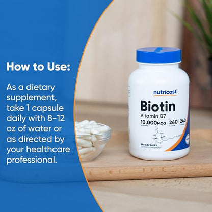 Nutricost Biotin (Vitamin B7) 10,000mcg (10mg) Vitamin Supplement, 240 Capsules - Vegetarian, Gluten Free, Quick Release, Non-GMO