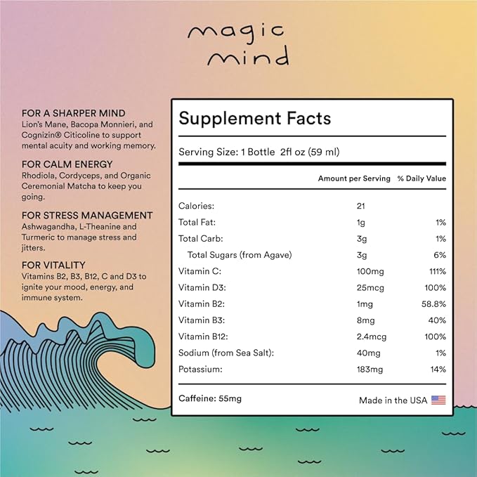 Magic Mind Focus Energy Drink Shots - No Jitters, Stress Relieving, Ashwagandha, Functional Mushrooms, Matcha Green Tea, Vitamin B12, Vitamin C - 2 FL Oz (30 Pack)
