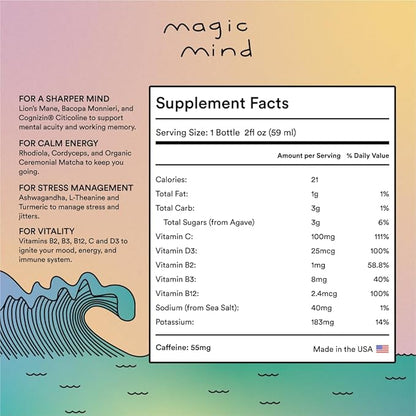 Magic Mind Focus Energy Drink Shots - No Jitters, Stress Relieving, Ashwagandha, Functional Mushrooms, Matcha Green Tea, Vitamin B12, Vitamin C - 2 FL Oz (30 Pack)