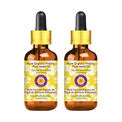 Deve Herbes Pure Organic Prickly Pear Seed Oil (Opuntia ficus-Indica) with Glass Dropper Cold Pressed (Pack of Two) 100ml X 2 (6.76 oz)