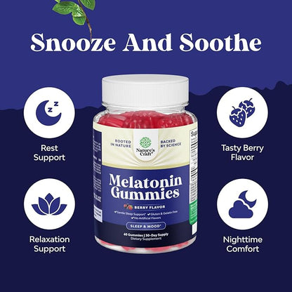 Melatonin Gummies 5mg for Peaceful Nights - Easy to Chew Sleep Gummies for Adults - Helps Support Circadian Rhythm - Delicious Strawberry Flavor - Non-Habit Forming Sleep Aid - Gelatin Free - 60 Count
