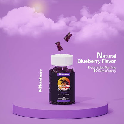 Tanning Gummies, Tanning Supplement for Adults Woman & Men, Daily Tanning Gummies for Skin Health & Pigmentation, Non-GMO, Vegan, Blueberry Flavor, 60 Gummies
