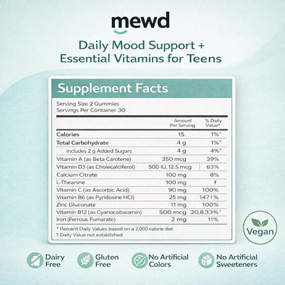 MEWD Teen and Kids Mood Support Multivitamin Gummies - Natural Focus & Calm with L-Theanine, Vitamins A, C, D3, B6, B9 & B12, Plus Zinc & Iron - Vegan Immune Booster, Gluten-Free Brain Health