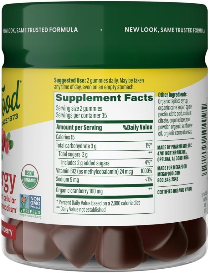 MegaFood Vitamin B12 Energy Gummies - Vegan - With Methyl B12 Vitamins to Support Cellular Energy Production - Cranberry - Daily Vitamin B12 Supplement - USDA Organic - 70 Gummies, 35 Servings