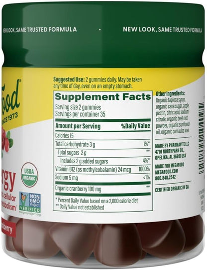 MegaFood Vitamin B12 Energy Gummies - Vegan - With Methyl B12 Vitamins to Support Cellular Energy Production - Cranberry - Daily Vitamin B12 Supplement - USDA Organic - 70 Gummies, 35 Servings