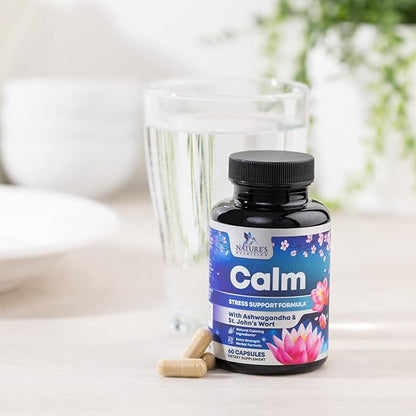 Stress Support Supplement - Extra Strength Ashwagandha, GABA, Magnesium, L-Theanine for Relief - Supports Mood & Focus - Naturally Calm, Unwind & Relax - Eases Tension & Nervousness - 60 Capsules