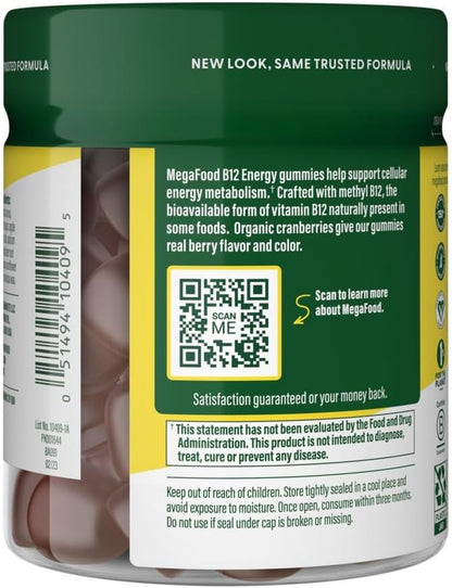MegaFood Vitamin B12 Energy Gummies - Vegan - With Methyl B12 Vitamins to Support Cellular Energy Production - Cranberry - Daily Vitamin B12 Supplement - USDA Organic - 70 Gummies, 35 Servings