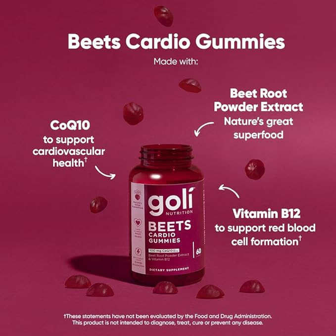 Goli Beets Cardio Gummies with CoQ10 and Vitamin B12 - Beetroot Extract - Cardiovascular Wellness - Vegan, Non-GMO, Gluten-Free
