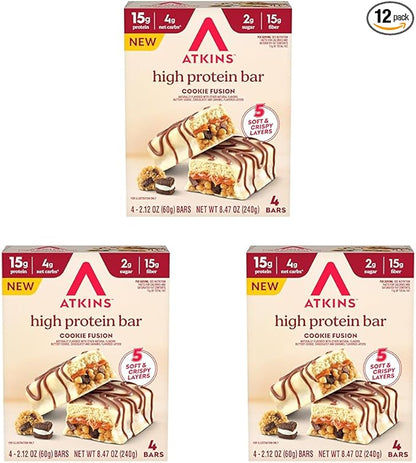 New Atkins High Protein Bars, Cookie Fusion Flavor, 15g of Protein, 4g Net Carbs, 4 Count (Pack of 3)