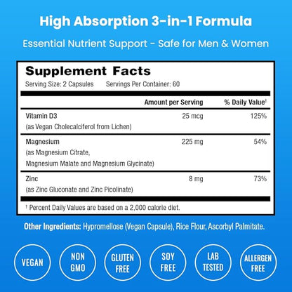 NutraChamps Magnesium Zinc & Vitamin D3 Supplement - Most Bioavailable Forms; Magnesium Glycinate, Malate, Citrate - Bone, Muscle & Heart Health, Immune Support - 120 Vegan Capsules