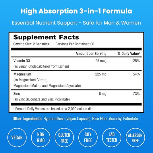 NutraChamps Magnesium Zinc & Vitamin D3 Supplement - Most Bioavailable Forms; Magnesium Glycinate, Malate, Citrate - Bone, Muscle & Heart Health, Immune Support - 120 Vegan Capsules