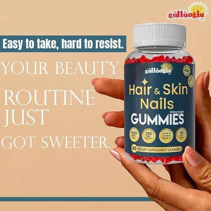 SINCE 1871 GÜLLÜOGLU Hair, Skin & Nails Gummies – Biotin 5000 mcg, Collagen 200 mg & Keratin 50 mg – with MSM, Bamboo & Vitamins A, C, D, E – Gluten-Free, Non-GMO, 60 Berry Gummies