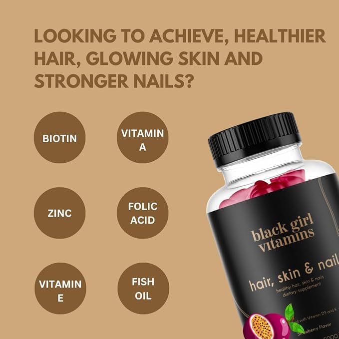 Black Girl Vitamins - Hair, Skin, and Nails Gummies with Biotin (6000 mcg), Zinc, Gelatin Free, Vitamin A, and Vitamin E - Gluten-Free. Made in The USA (Passion Fruit, 60 Count) 30 Day Supply