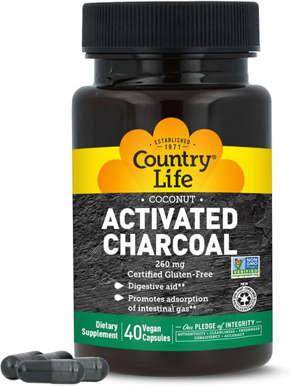 Country Life Coconut Activated Charcoal Capsules, 260mg – Natural Charcoal Supplement for Gas and Bloating Relief - Gluten-Free, 40 Vegan Capsules