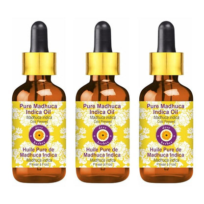 Deve Herbes Pure Madhuca Indica Oil (Madhuca Indica) with Glass Dropper Cold Pressed (Pack of Three)100ml X 3 (10 oz)