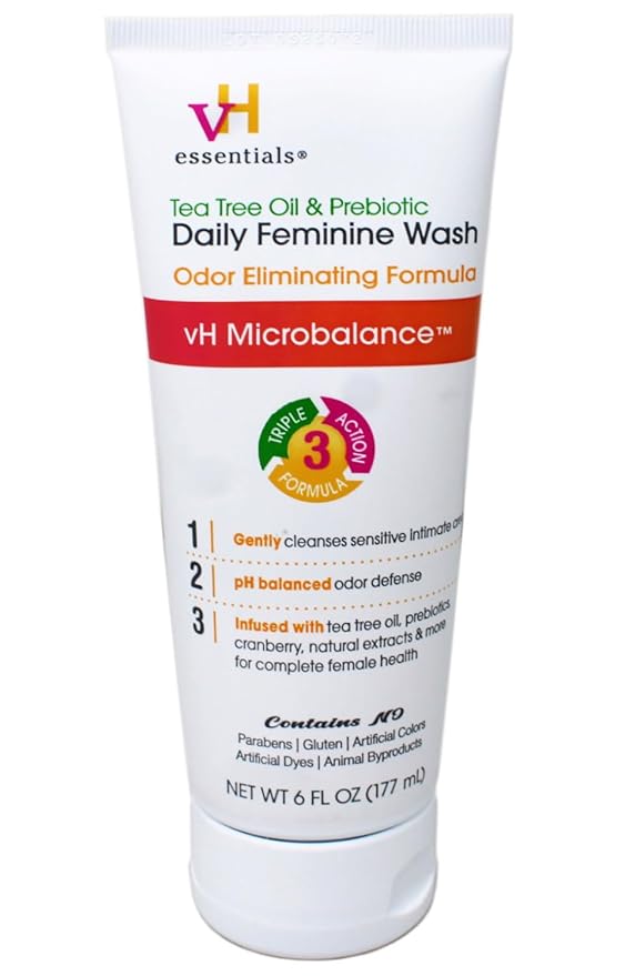 vH essentials Intimate Feminine Wash, pH Balanced with Tea Tree Oil, Cranberry, Prebiotics Odor Eliminating Formula, 6 FL OZ - 3 Pack
