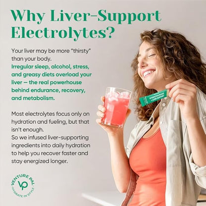 Venture Pal Hydration Packets + Liver Support- Liquid Daily IV Electrolyte Powder Packets with 7 Electrolytes & 5 Vitamins, Milk Thistle + L-Theanine | Sugar-Free | Keto Friendly | Vegan, 16 Sticks