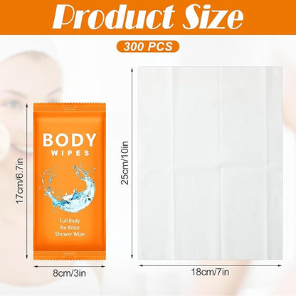 Treela 300 Pcs Large Body Wipes Bulk Deodorant Travel Size for Homeless Care Package Supplies Individually Wrapped Adults Bathing No Rinse Wet Wipes Men Women Hygiene Items(7.09" X 9.84",Orange)
