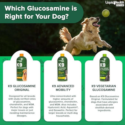 LIQUIDHEALTH Pets K9 Liquid Glucosamine for Dogs, Puppies, Senior Canines with Chondroitin, MSM, Hyaluronic Acid - Dog Vitamins for Hip & Joint Health, Dog Joint Oil, Joint Juice - Made in USA (32 oz)