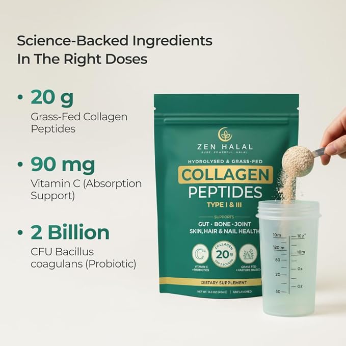 Collagen Powder with Vitamin C & Probiotic (18g Protein) Pure Grass Fed Halal Collagen Peptides for Women - Unflavored & Hydrolyzed Bovine Type I & III for Skin, Hair, Nails, Joints and Gut