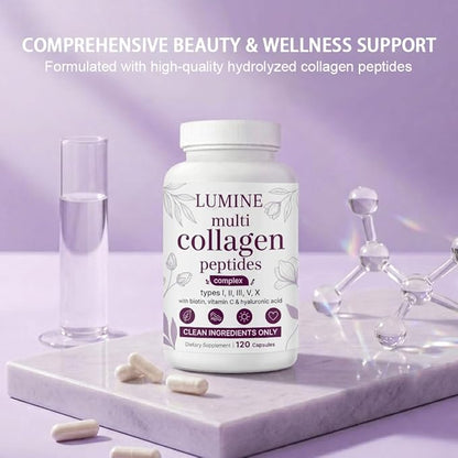 LUMINE Multi Collagen Complex Capsules – Hydrolyzed Protein Peptides Types I, II, III, V & X for Hair, Skin, Nails & Joint Support – Non-GMO, Gluten-Free & Easy to Swallow (120 Capsules)