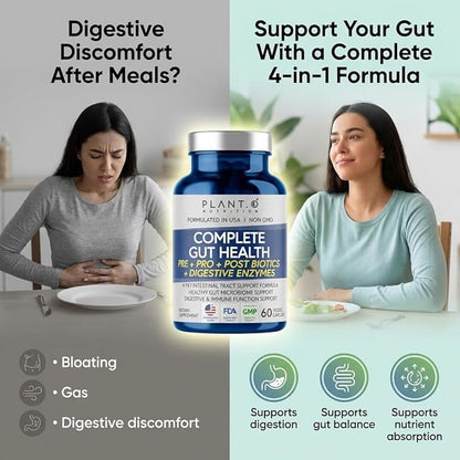 4-in-1 Gut Health Support – Prebiotics + Probiotics + Postbiotics + Digestive Enzymes – DE111 Spore Probiotic for Digestive Support & Bloating – Non-GMO, Made in USA – 60 Veggie Capsules