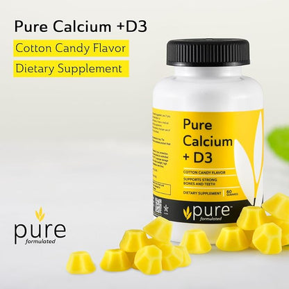 Vegan Calcium with Vitamin D3 Strong Bone & Teeth Support Calcium with 1000 IU D3 Gummies for Adults & Kids, Kosher, Gluten-Free, Dairy-Free, 60 Gummies