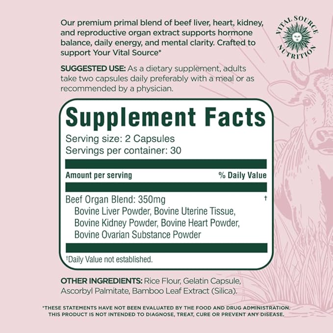 Vital Source Nutrition - BiFi Capsules - Beef Organ Primal Blend - Premium Ancestral Supplements for Women - Supports Hormone Health, Energy, & Stamina - Daily Vitality - No Artificial Ingredients