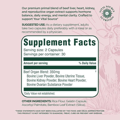 Vital Source Nutrition - BiFi Capsules - Beef Organ Primal Blend - Premium Ancestral Supplements for Women - Supports Hormone Health, Energy, & Stamina - Daily Vitality - No Artificial Ingredients