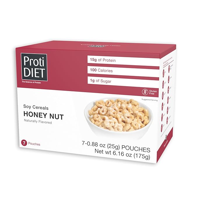 ProtiDIET High Protein Honey Nut Soy Cereal - Gluten Free, Low Sugar, Low Fat Honey Nut Flavor, Healthy Cereal for Adults - The Perfect Pair for your Milk - 7 Pouches