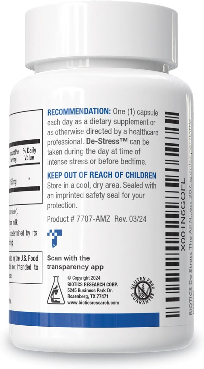 BIOTICS RESEARCH De-Stress Patented Nutrient Designed to Support Calmness, Healthy Sleep Habits, All-Natural Supports Mental Wellness & Calm. 30 Capsules