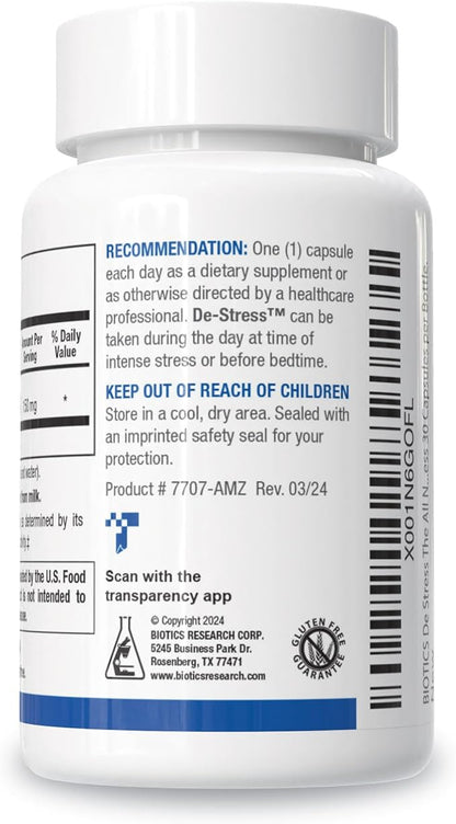 BIOTICS RESEARCH De-Stress Patented Nutrient Designed to Support Calmness, Healthy Sleep Habits, All-Natural Supports Mental Wellness & Calm. 30 Capsules