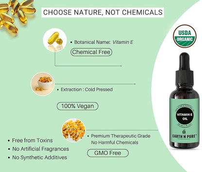 Earth N Pure Vitamin E Oil Therapeutic Grade for Skin, Hair and Nails with Glass Dropper - 50 ml