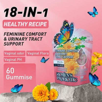 BUTTERFLY'S TEAR Women's Probiotic Gummies | 18-in-1 Feminine Comfort & Urinary Tract Support | 14 Probiotics + 4 Prebiotics | Peach Flavor | Intimate Moisture, pH Balance, Healthy Flora, 180 Chew