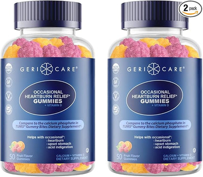 GeriCare Antacid with Vitamin D Gummies, Compare to TUMS Gummy Bites, Fruit Flavor, 50 Count, Non-GMO, Gluten-Free, Vegan, Naturally Sourced for Heartburn, Upset Stomach & Acid Indigestion (2 Pack)