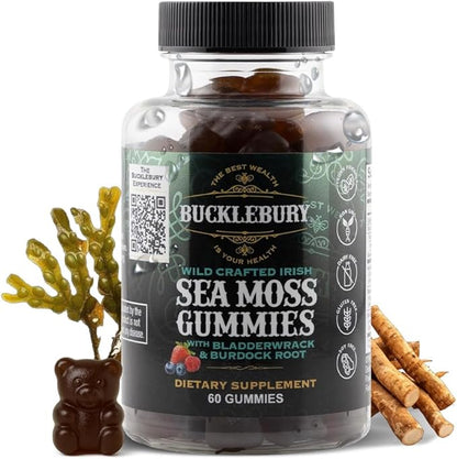 BUCKLEBURY Wild Crafted Irish Sea Moss Gummies with Bladderwrack & Burdock Root - Natural Chewable Multivitamin Vegan Sea Moss Gummies for Immune, Thyroid & Digestive Support - 60 Count