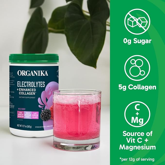 Organikа Electrolytes with Enhanced Collagen Powder for Women & Men - 13 oz - Wild Berry-Flavored Effervescent Electrolyte & Collagen Drink Mix - Deep Hydration, Mobility, Skin, Hair, & Nails